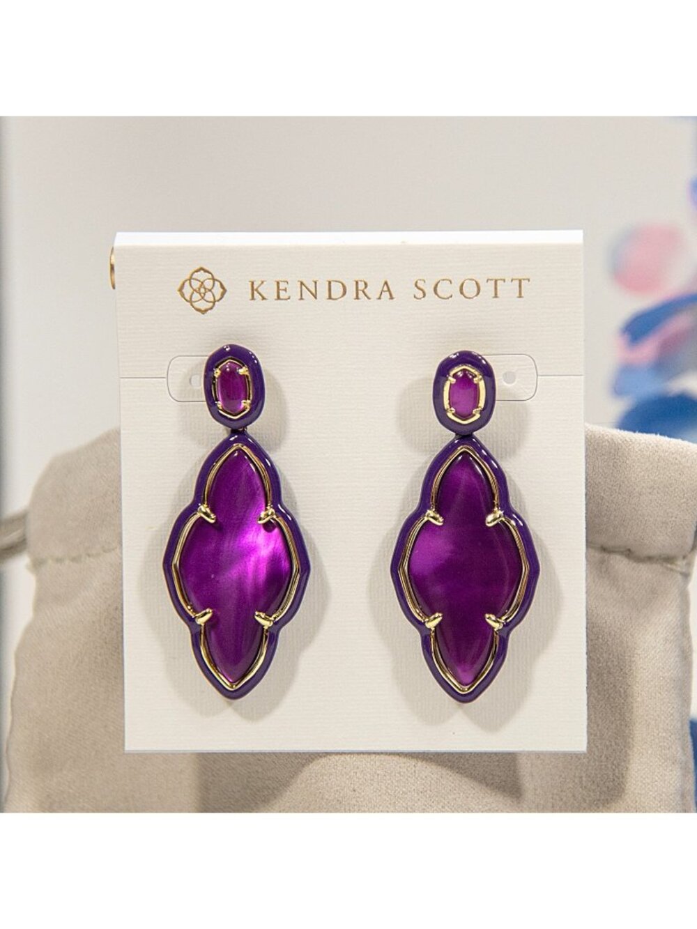 Kendra Scott Abbie Enamel Frame Purple Mother of Pearl Gold Drop Earrings NWT